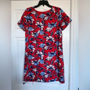 J. Crew Factory red and blue floral print short sleeve gallery shift dress.